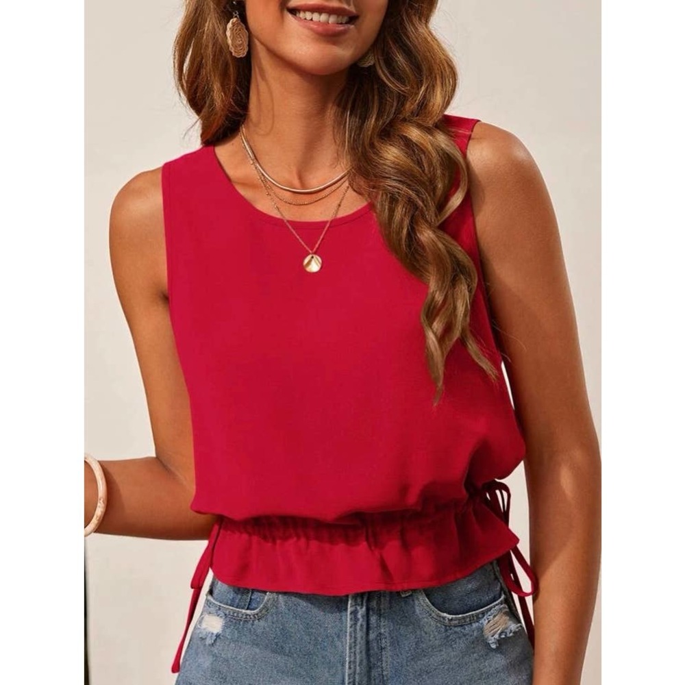 Red Drawstring Waist Ruffle Hem Top - Picture 4 of 6